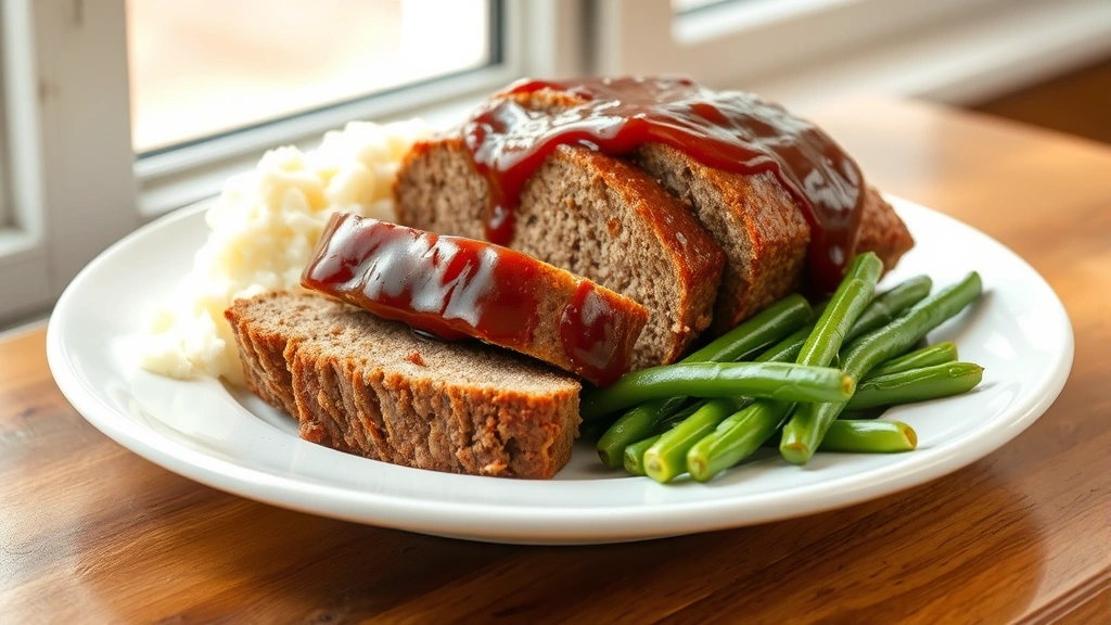 hero: sliced meatloaf with glossy brown ketchup glaze on white plate with mashed potatoes and green beans, photorealistic, natural window light, no text