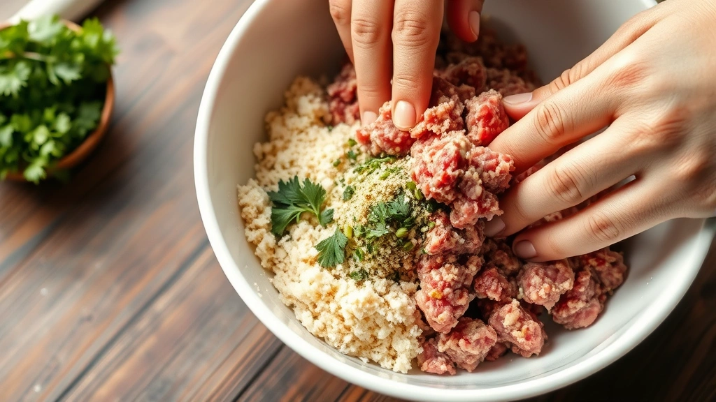 process: hands gently mixing ground meat with breadcrumbs and herbs in white bowl, photorealistic, natural light, no text