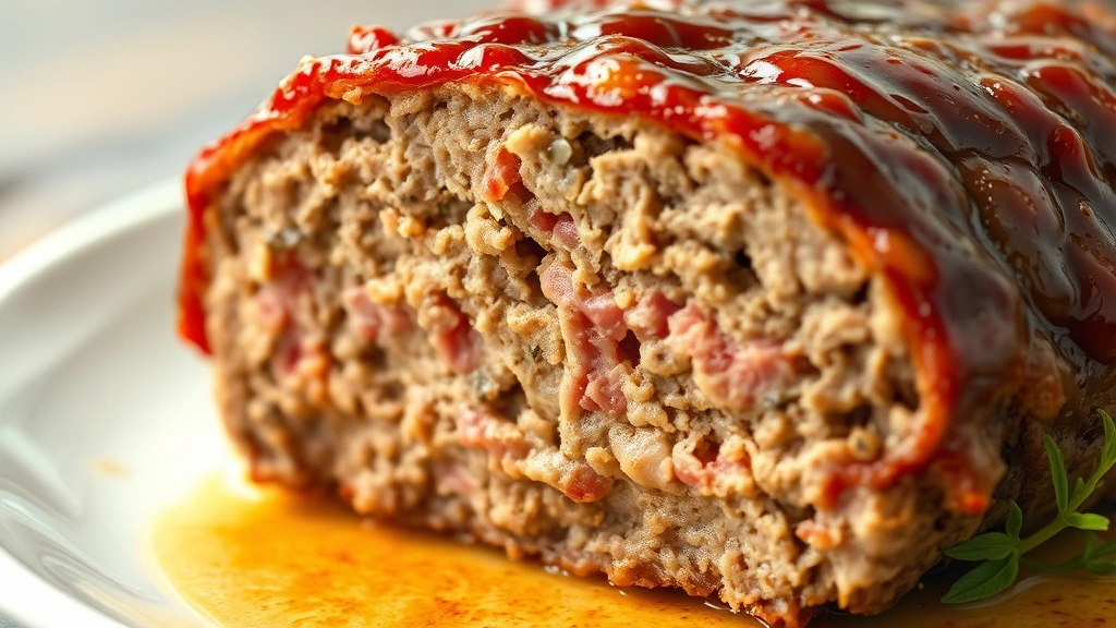detail: close-up cross-section of meatloaf showing tender pink interior and caramelized exterior with glaze, photorealistic, natural light, no text