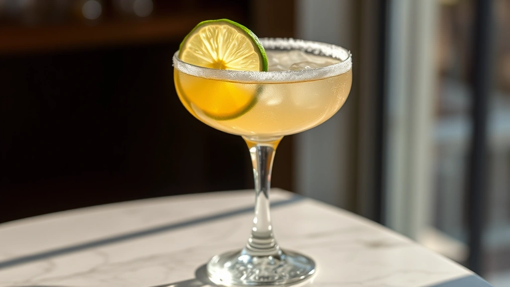 hero: perfectly chilled margarita with salt rim and lime wheel garnish on elegan