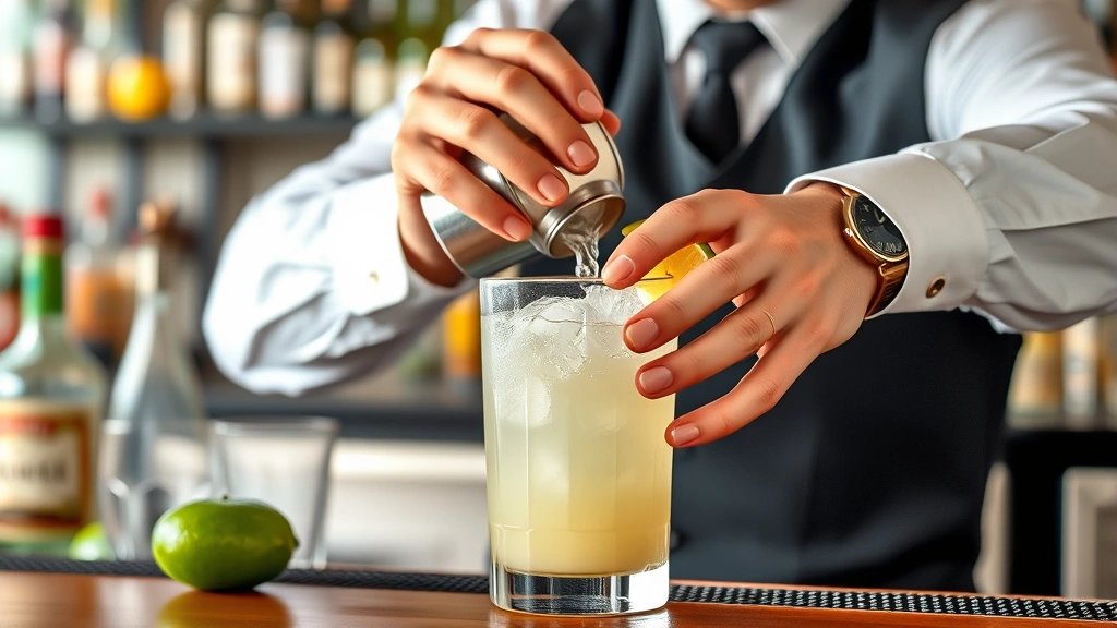 process: bartender shaking margarita in cocktail shaker with ice, action shot mi