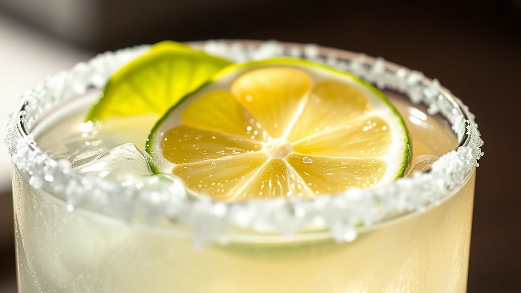 detail: close-up of salt rim on margarita glass with fresh lime wheel and clear