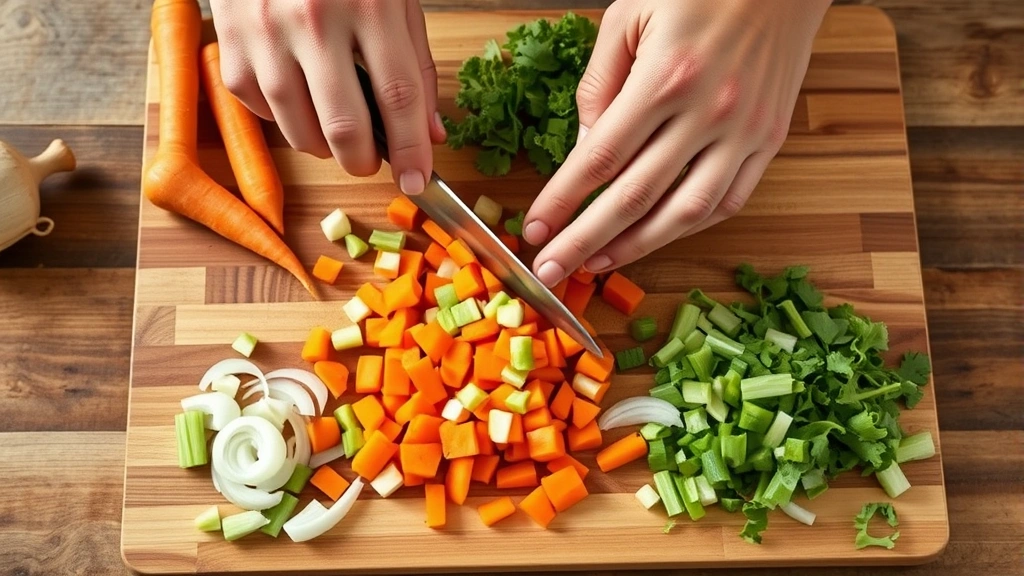 process: hands chopping fresh vegetables on wooden cutting board, carrots celery onions, sharp knife in motion, bright natural kitchen light, no text