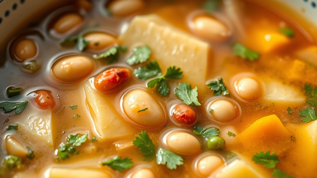 detail: close-up macro of soup bowl showing tender vegetables, beans, broth, fresh herbs floating, steam rising, natural afternoon light, no text
