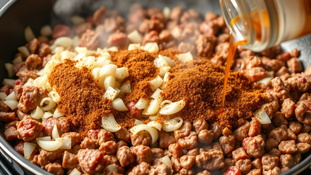 process: ground beef sizzling in skillet with diced onions and garlic, spices being added creating aromatic clouds, rich brown meat mixture with sauce, photorealistic, warm kitchen lighting, no text