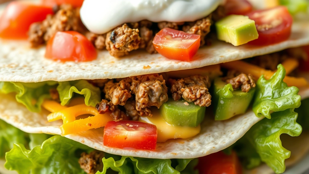 detail: close-up cross-section of assembled salad showing layers of crispy tortilla, fresh lettuce, seasoned beef, melted cheese, vibrant tomatoes and avocado slices, creamy sour cream dollop, photorealistic, natural light, no text