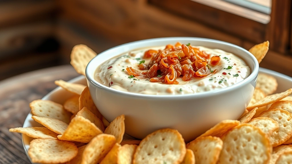 hero: creamy caramelized onion dip in white bowl with potato chips and crackers nearby, photorealistic, warm natural window light, no text, rustic wooden table