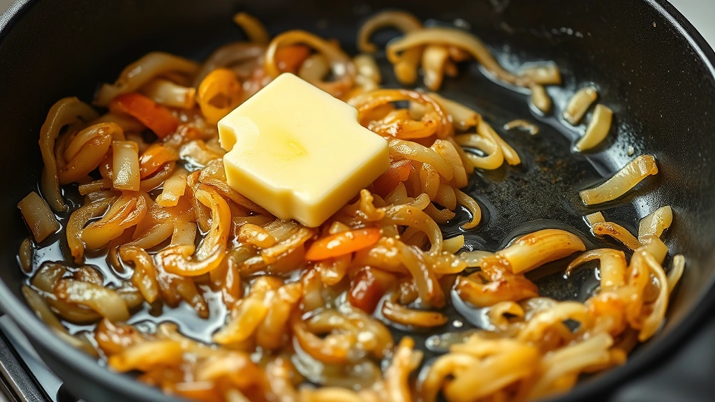 process: golden caramelized onions sizzling in cast iron skillet with butter, photorealistic, bright kitchen light, no text, close-up action shot