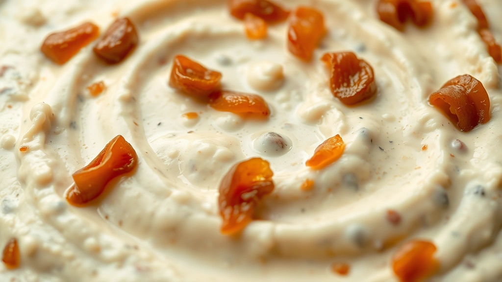 detail: close-up of creamy dip with caramelized onions stirred throughout, photorealistic, natural light, no text, showing texture and richness