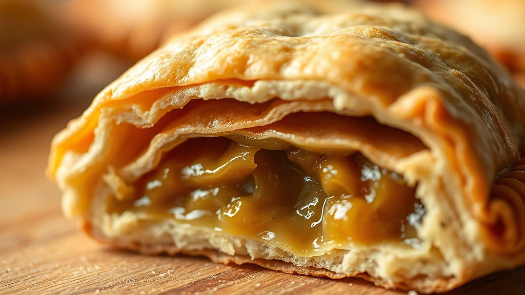 detail: close-up cross-section of baked hand pie showing flaky layers and filling inside, steam visible, shallow depth of field, warm natural light, no text