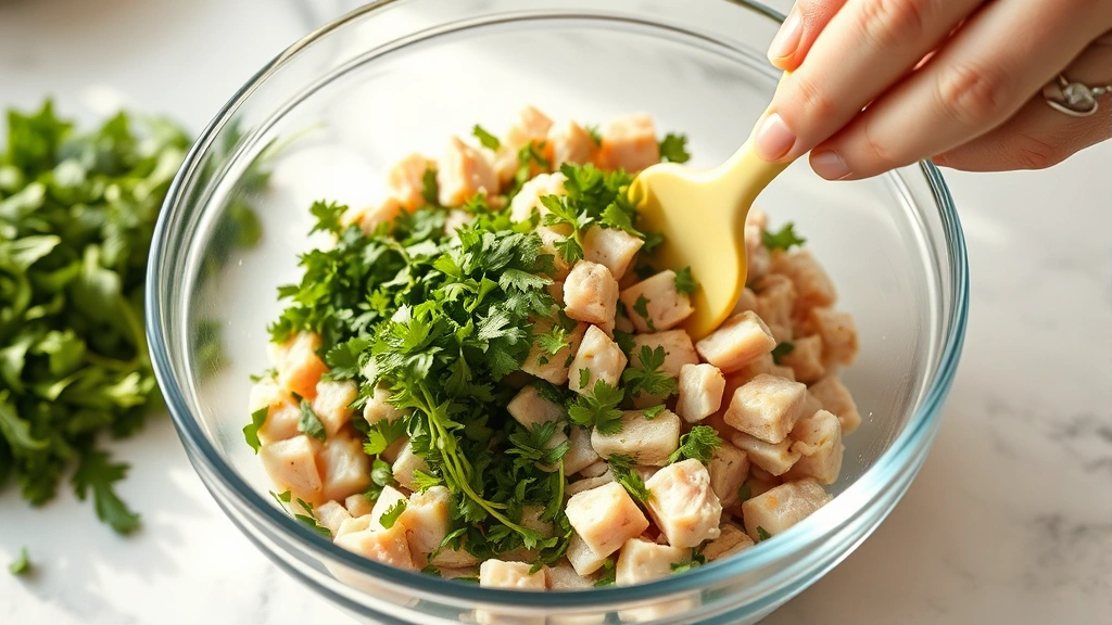 process: hands folding fresh herbs into diced chicken mixture with rubber spatula, clear glass mixing bowl, bright kitchen counter, natural daylight, photorealistic, no text