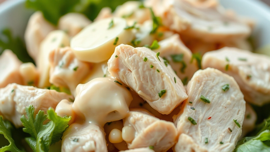 detail: close-up of finished chicken salad showing tender chicken pieces, creamy dressing, vibrant green herb flecks, shallow depth of field, natural light, photorealistic, no text