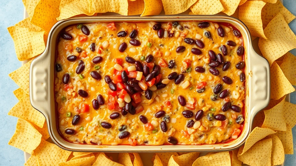 hero: overhead shot of completed 7 layer bean dip with distinct colorful layers visible in a rectangular baking dish, surrounded by tortilla chips, photorealistic, natural daylight, no text or watermarks
