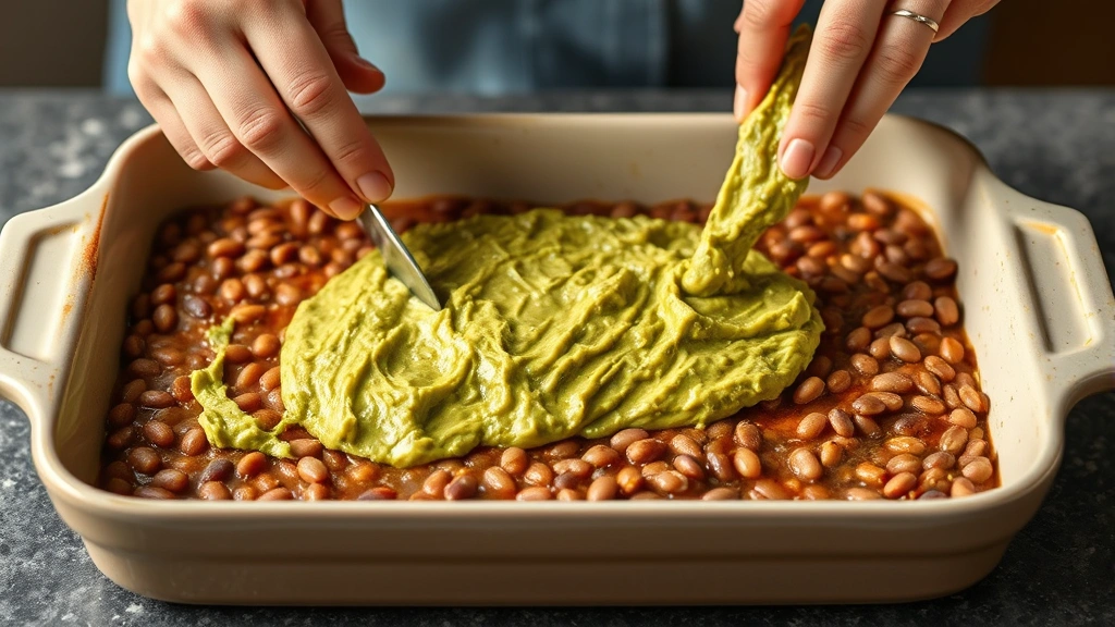 process: hands spreading guacamole layer over refried beans in baking dish, showing the layering technique, photorealistic, natural daylight, no text or watermarks