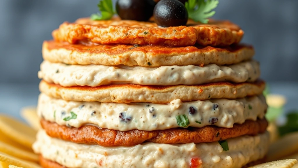 detail: close-up macro shot of finished dip showing all seven layers stacked with crisp definition, cilantro and olives visible on top, photorealistic, natural daylight, no text or watermarks