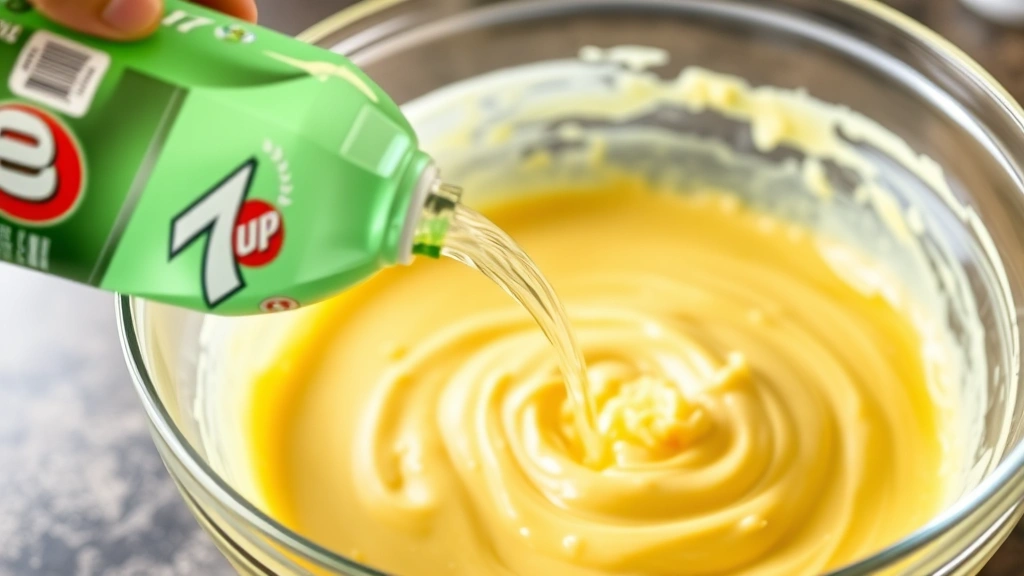 process: pouring 7 Up soda into yellow cake batter in glass mixing bowl, photorealistic, natural kitchen light, no text