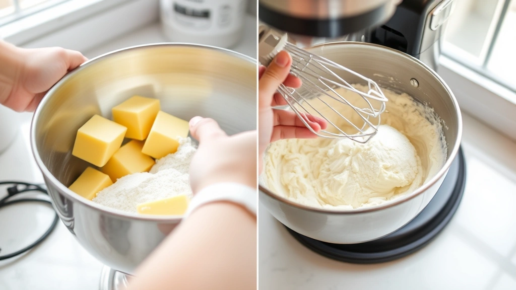 process: hands mixing butter and sugar in metal bowl, fluffy pale mixture, electric mixer, bright kitchen counter, natural window light, action shot