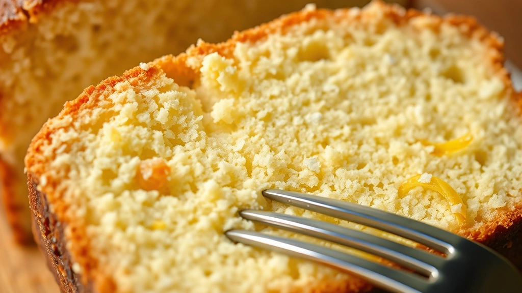 detail: close-up cross-section of pound cake showing tender crumb structure, lemon zest visible, fork beside slice, creamy interior, macro photography