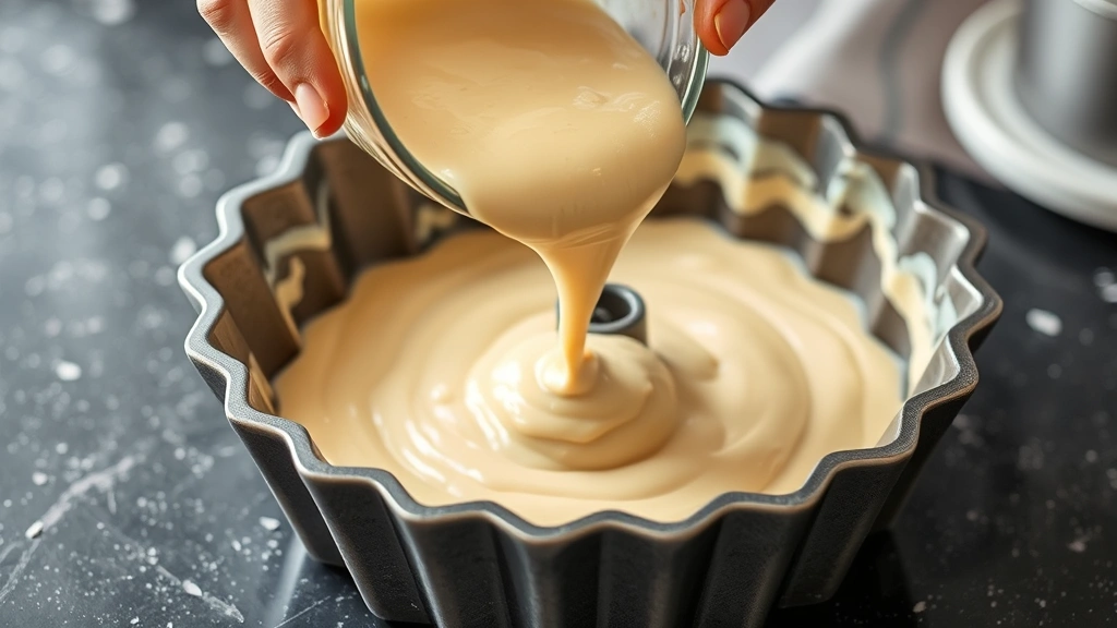 process: hands pouring pale batter into a greased Bundt pan, close-up side angle showing the smooth batter consistency, photorealistic, natural kitchen light, no text