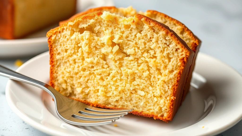 detail: close-up cross-section of sliced pound cake showing the moist, even crumb structure with subtle yellow color from lemon zest, on a white plate with a fork, photorealistic, natural light, no text