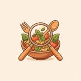 Illustration of a magnifying glass inspecting a fresh bowl of pasta salad with tomatoes, basil, and utensils