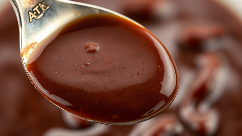 detail: close-up of glossy A1 steak sauce coating the back of a silver spoon with rich dark brown color and smooth texture, photorealistic, natural light, no text