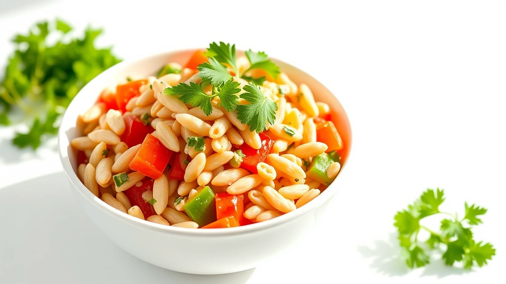 hero: vibrant acini de pepe salad in a white ceramic bowl, colorful diced vegetables visible throughout, fresh parsley garnish on top, bright natural daylight streaming from left side, clean white background, appetizing and inviting presentation