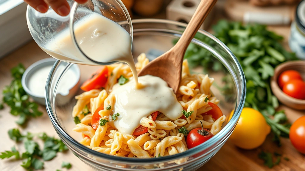process: pouring creamy dressing over cooled acini de pepe pasta and vegetables in a glass mixing bowl, wooden spoon folding ingredients together, fresh ingredients scattered around the bowl, natural kitchen lighting, warm and homey atmosphere