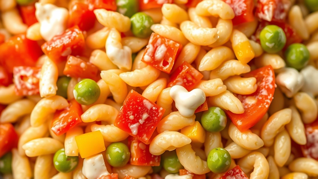 detail: close-up macro shot of individual acini de pepe pasta mixed with diced red bell pepper, yellow bell pepper, peas, and creamy dressing coating each piece, shallow depth of field highlighting texture, natural overhead lighting
