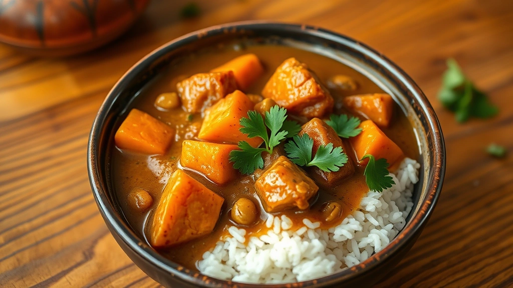 hero: steaming bowl of African peanut stew with chunks of sweet potato and carrots, rich brown creamy sauce, served over white rice with fresh cilantro garnish, warm golden lighting, wooden table background, no text