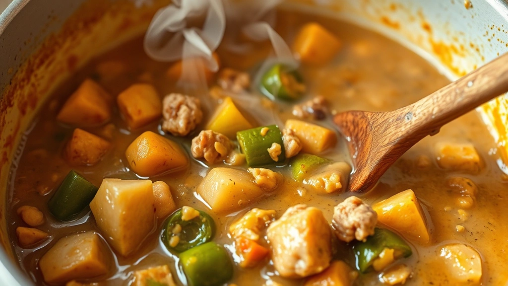 process: close-up of cooking peanut stew in pot, visible cubed vegetables and meat simmering in creamy sauce, steam rising, wooden spoon stirring, natural kitchen lighting, no text