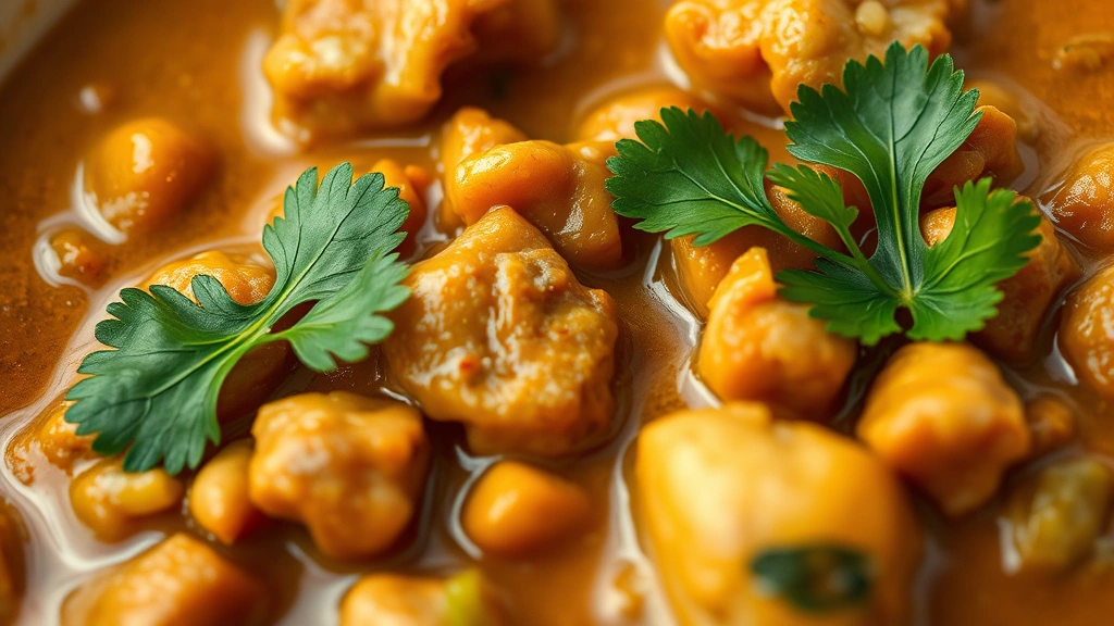 detail: extreme close-up of peanut stew texture showing creamy sauce coating vegetables and meat, garnished with fresh cilantro leaf, shallow depth of field, warm afternoon light, no text