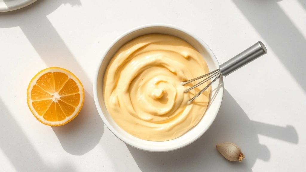 hero: creamy golden aioli in a white bowl with a whisk resting on the side, fresh lemon and garlic nearby, bright natural window light, minimalist preppy styled flat lay
