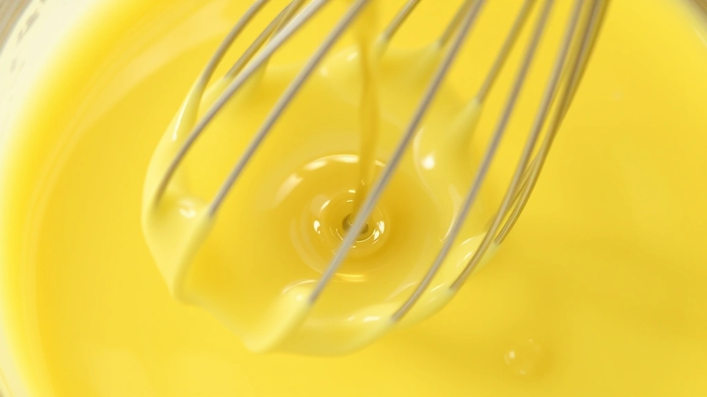process: close-up of whisking pale egg yolk mixture as oil is drizzled in slowly, creating visible emulsion, natural daylight, shot from above