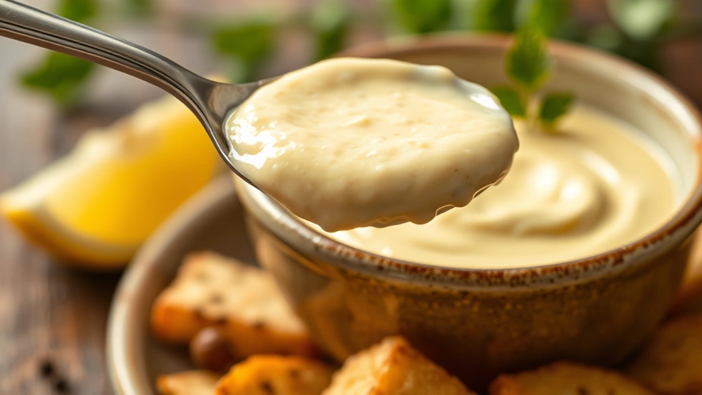 detail: spoonful of thick creamy aioli being lifted from bowl showing silky texture, fresh cracked pepper and lemon wedge beside it, shallow depth of field, warm natural light