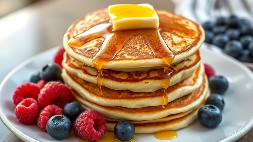 hero: golden fluffy AIP pancakes stacked on white plate with fresh blueberries and raspberries, drizzle of raw honey and grass-fed butter melting on top, natural morning light from left side, no text, shallow depth of field, professional food photography