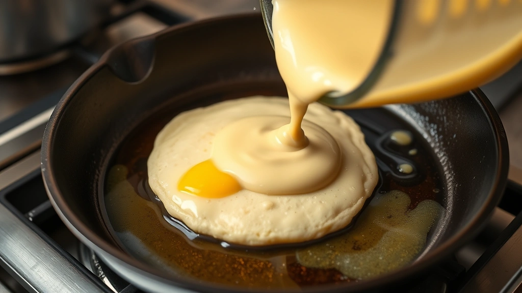process: pouring pancake batter onto hot cast iron skillet with melted ghee, golden edges visible on cooking pancake, natural kitchen lighting, action shot, no text, close perspective