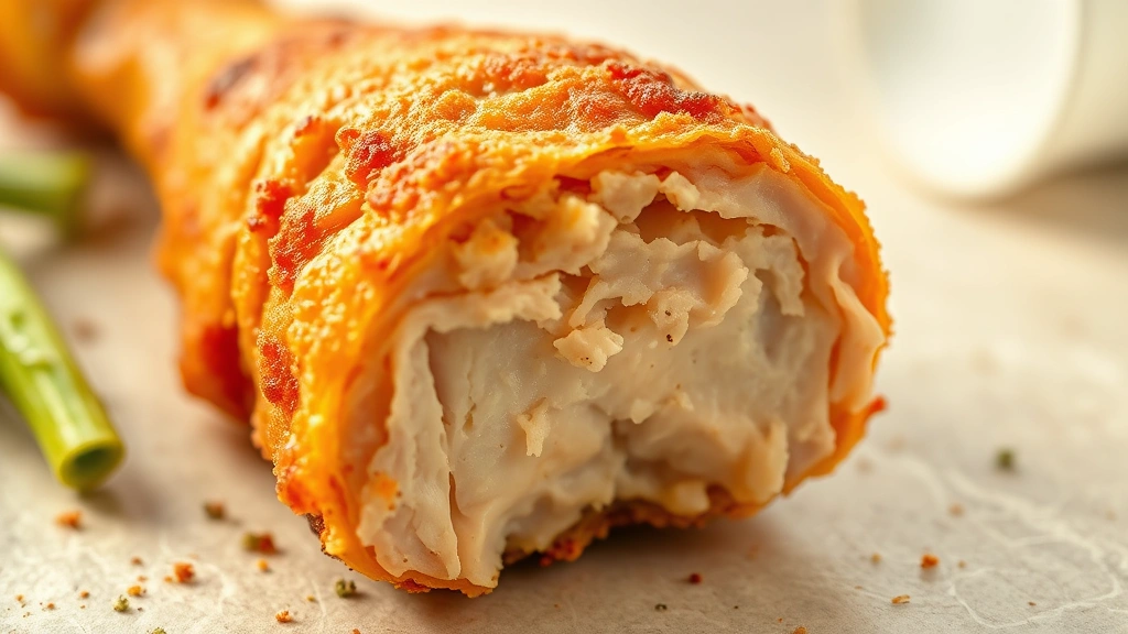 detail: close-up of single crispy golden chicken drumstick showing crispy skin texture and juicy meat cross-section, photorealistic, natural light, no text, food photography style