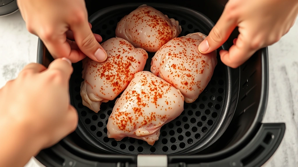 process: seasoned raw chicken thighs being placed into air fryer basket, hands visible, photorealistic, bright kitchen lighting, no text