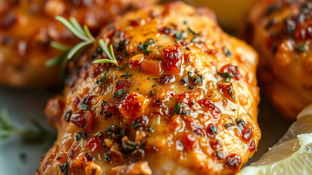 detail: close-up of perfectly crispy golden chicken thigh skin with herbs and lemon wedge, photorealistic, shallow depth of field, natural light, no text