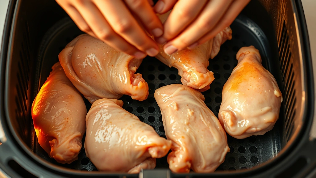 process: chicken thighs being arranged skin-side up in air fryer basket, hands visible, golden light, photorealistic, no text