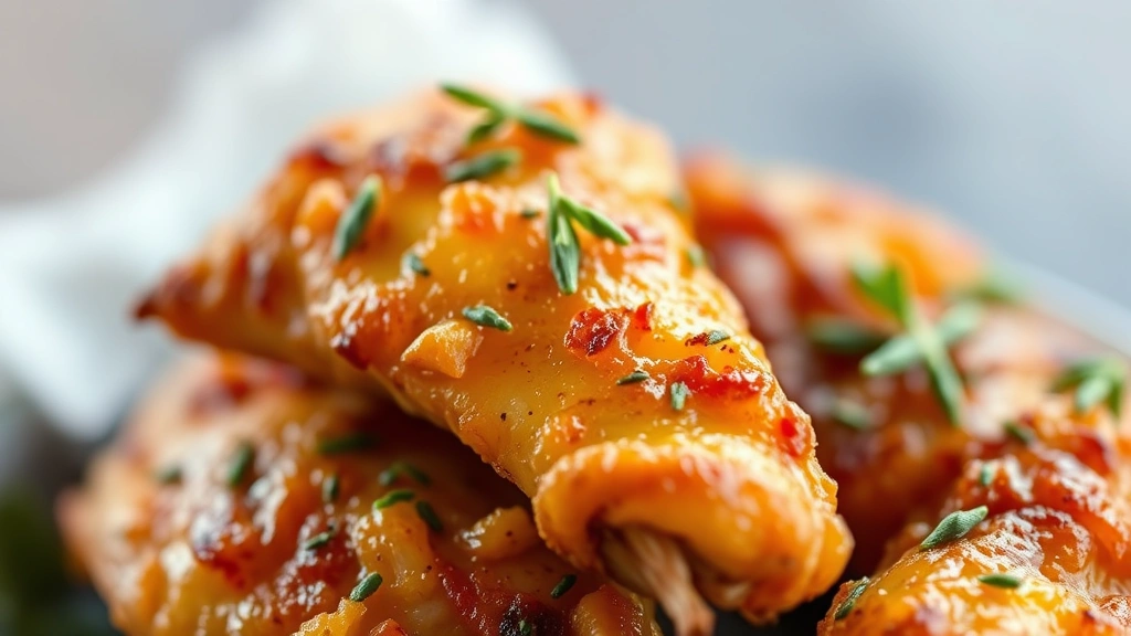 detail: close-up of perfectly crispy golden chicken skin with herb garnish, shallow depth of field, photorealistic, natural light, no text