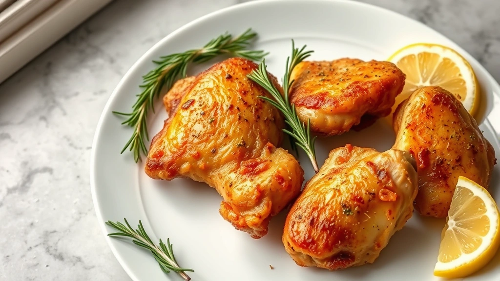hero: golden crispy air fryer chicken thighs on white plate with fresh rosemary and lemon wedges, photorealistic, natural window light, overhead shot, no text