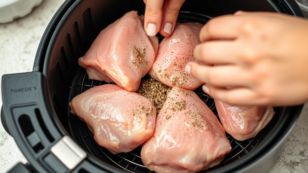 process: hands seasoning raw chicken thighs in air fryer basket, photorealistic, bright kitchen lighting, close action shot, no text