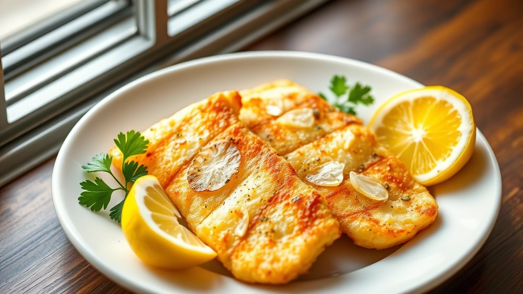 hero: perfectly cooked golden air fryer cod fillets on white plate with fresh lemon wedges and parsley garnish, natural window light, overhead shot, appetizing and restaurant quality