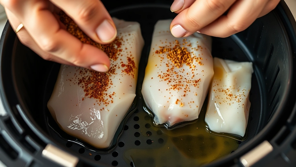 process: hands seasoning raw cod fillets with spices and olive oil before placing in air fryer basket, natural kitchen lighting, close angle showing preparation details