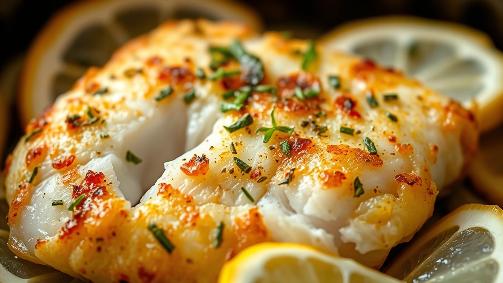 detail: close-up of cooked air fryer cod showing crispy golden exterior and flaky tender interior, garnished with fresh herbs and lemon, warm natural lighting, shallow depth of field