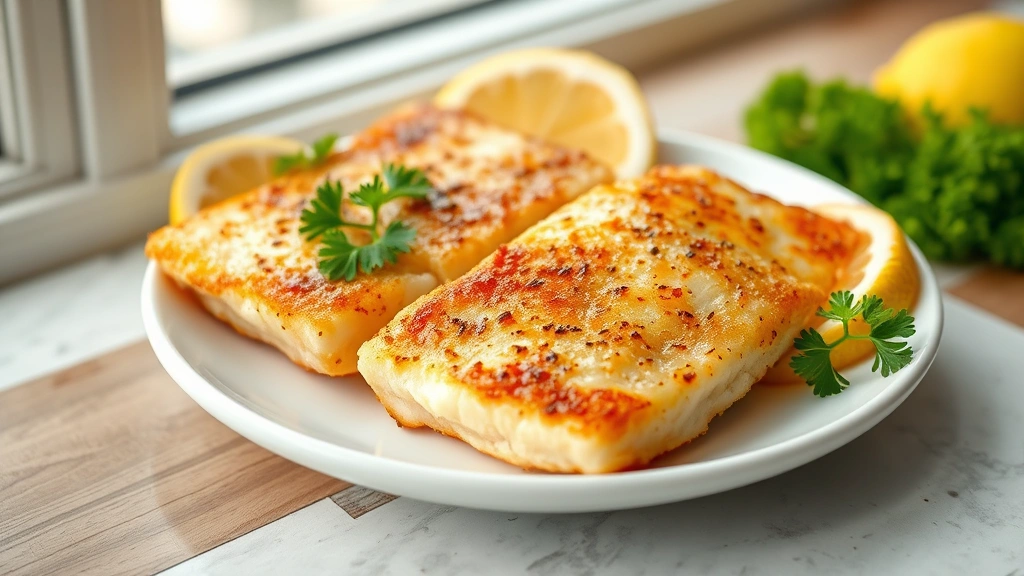 hero: golden crispy air fryer cod fillets on white plate with lemon wedges and fresh parsley garnish, photorealistic, natural window light, no text