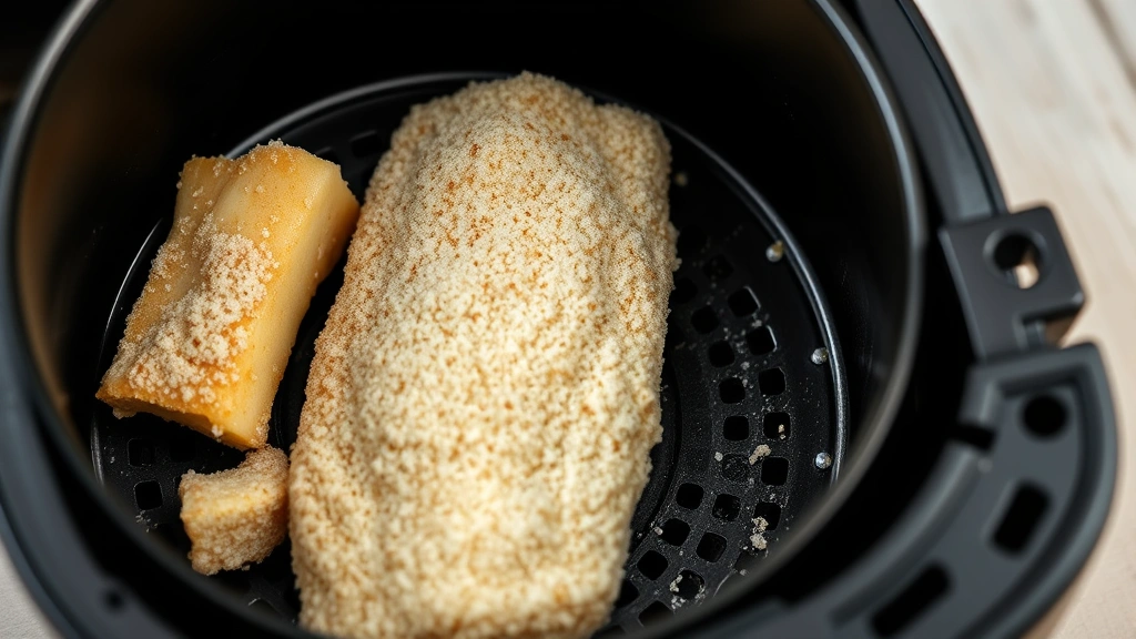 process: breaded cod fillet being placed into air fryer basket, photorealistic, natural light, no text