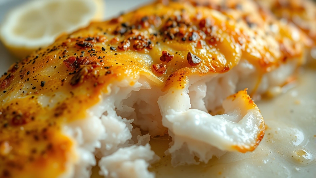 detail: close-up of perfectly golden crispy cod fillet flaking apart, photorealistic, natural light, no text